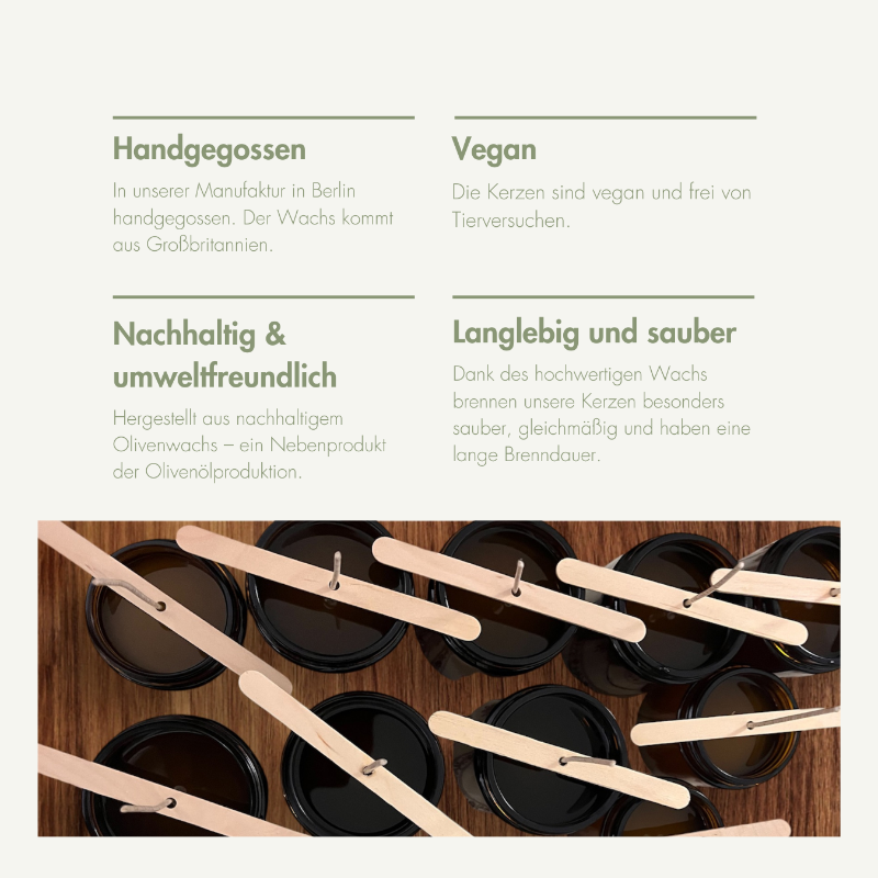 Nachhaltige Kerzen aus Berlin. Vegan. Handgegossen und sauber beim abbrennen.