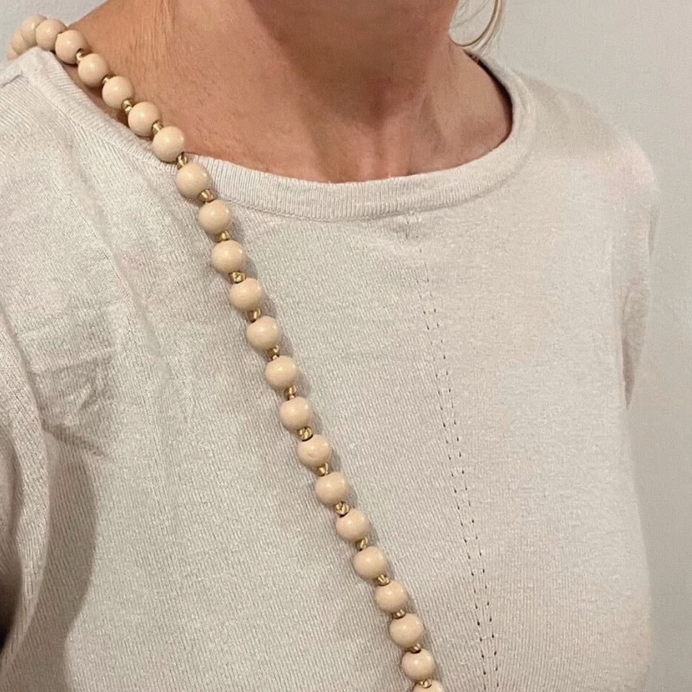 Holz Perlenkette Beige - Handykette 125 cm